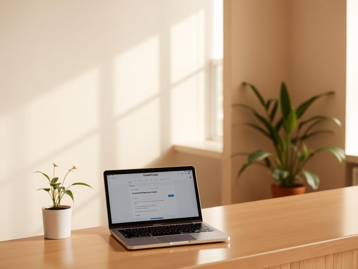 Guesthouse reception desk with a laptop showing a booking page